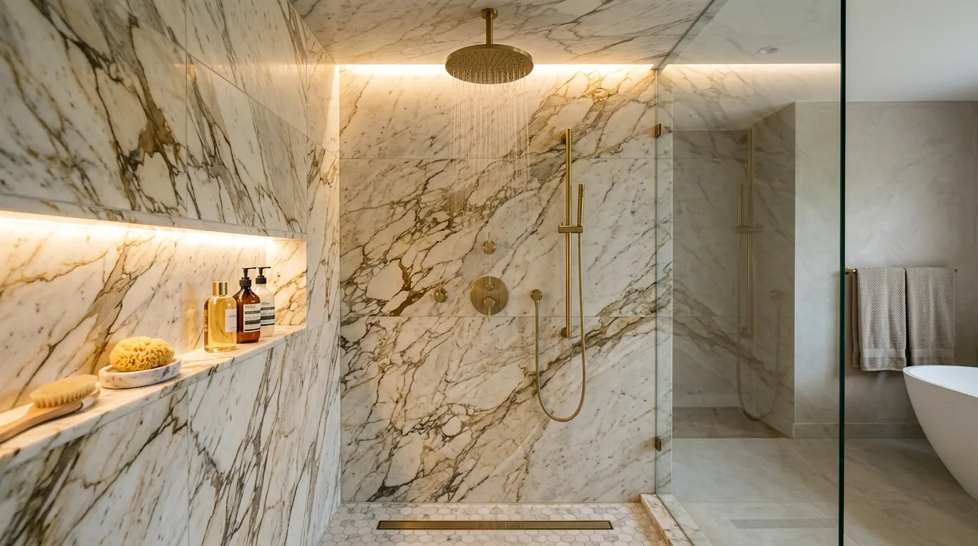 Turn the shower wall into the feature inspiration for a tiled bathroom.